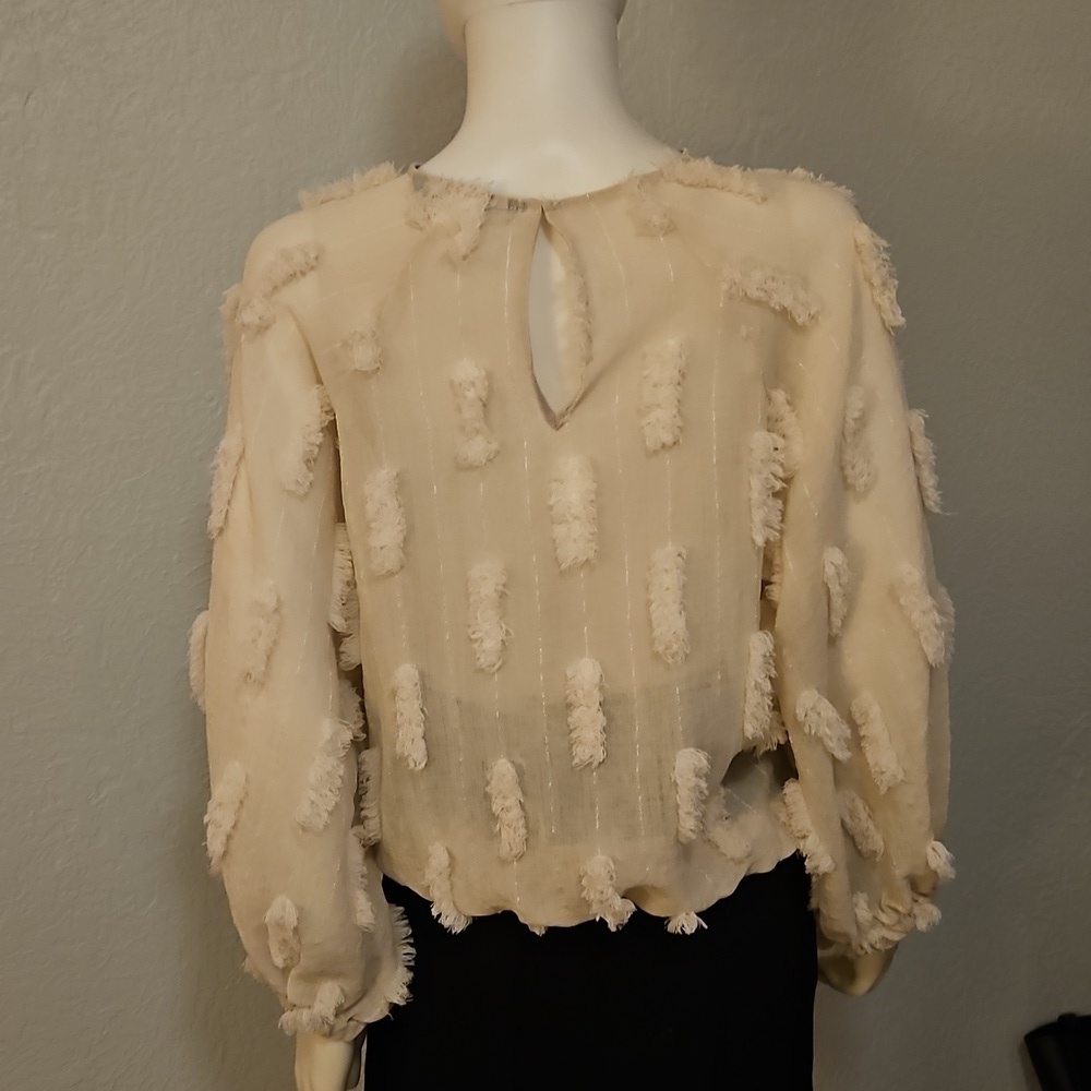 ZARA Cream Textured Metallic Gold Balloon Sleeve Oversized Sheer Blouson Top - Picture 6 of 7